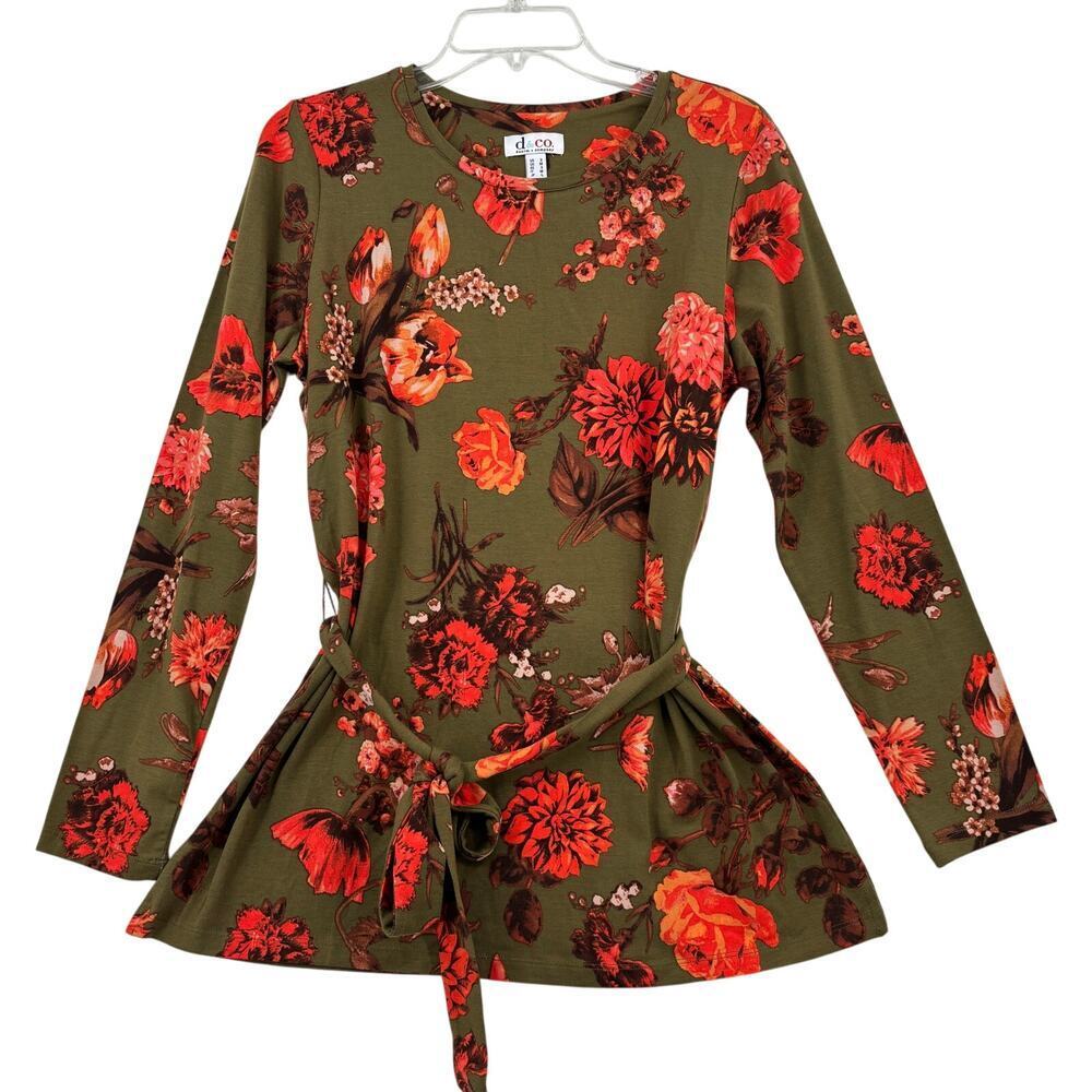 Denim & Co Tunic Size S Olive Green Floral Print Jersey Round Neck Tie Waist